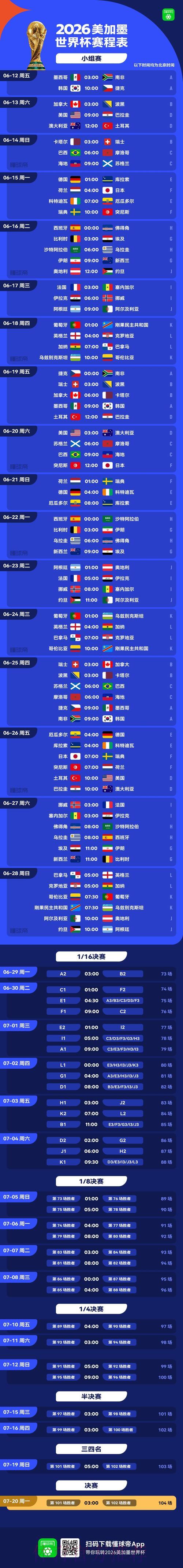 2026年美加墨世界杯赛程时间表 2026年美加墨世界杯赛程时间表